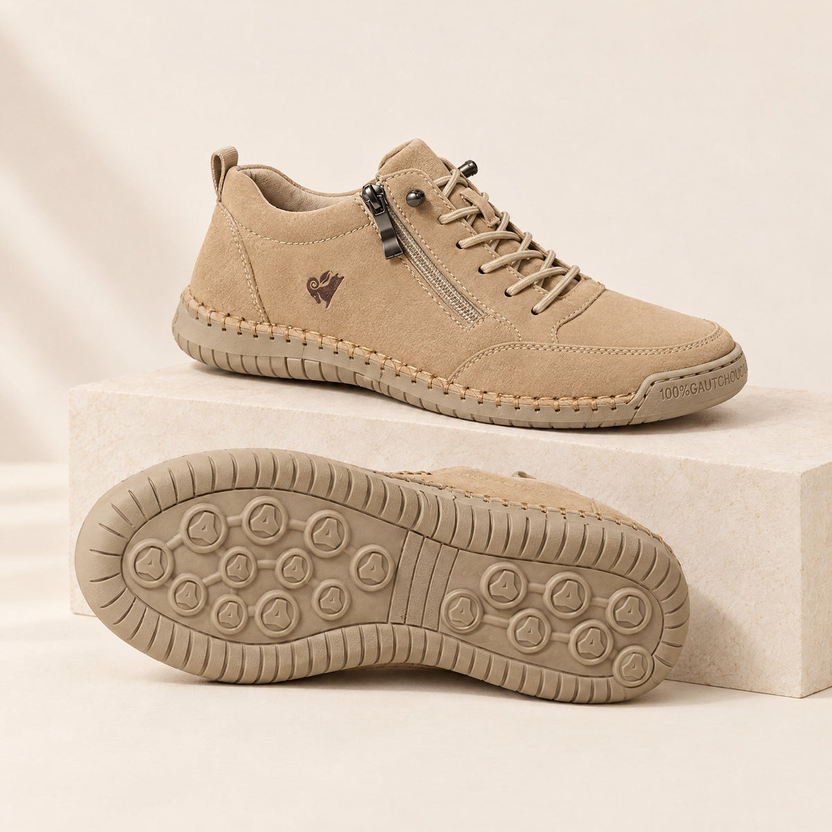 ELLA Sneaker in Khaki – Seitenansicht mit Reißverschluss und Sohle